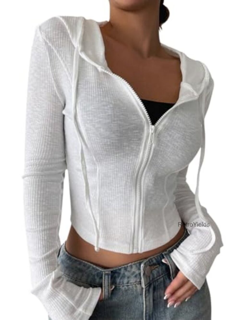 Cropped Zip Up Hoodie Lightweight Long Sleeve Rib Knit Slim Fit Casual Jacket
